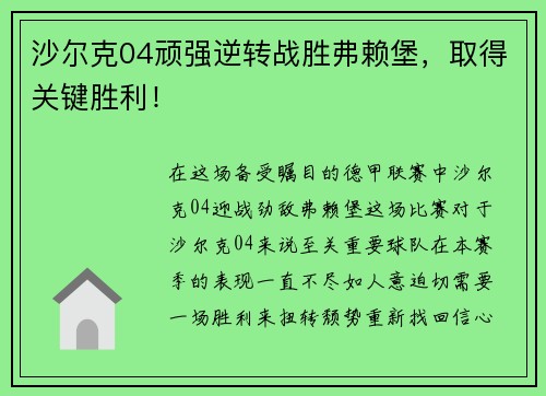 沙尔克04顽强逆转战胜弗赖堡，取得关键胜利！