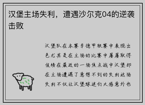 汉堡主场失利，遭遇沙尔克04的逆袭击败